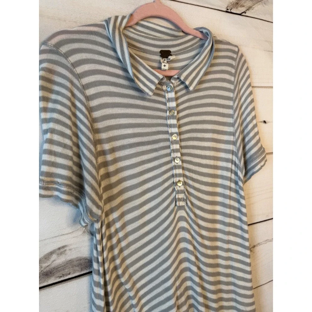 We The Free Free People Grey Striped Polo Tunic Top Short Sleeve Button Up XS
